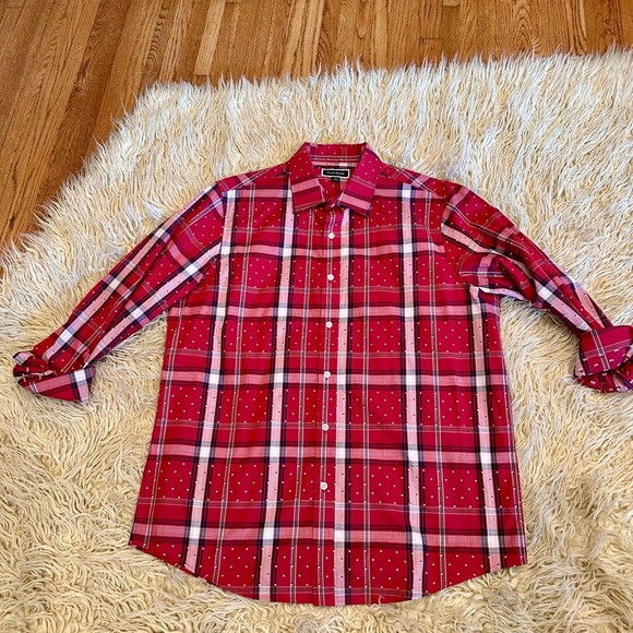 Club Room Men’s Red Scotch Plaid Cotton Button Down Dress Shirt - Large - Picture 1 of 5